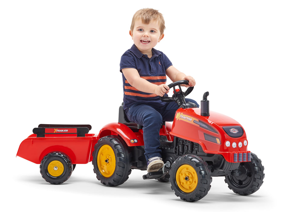 X-Trettraktor mit aufklappbarer Motorhaube und Anhänger - rot