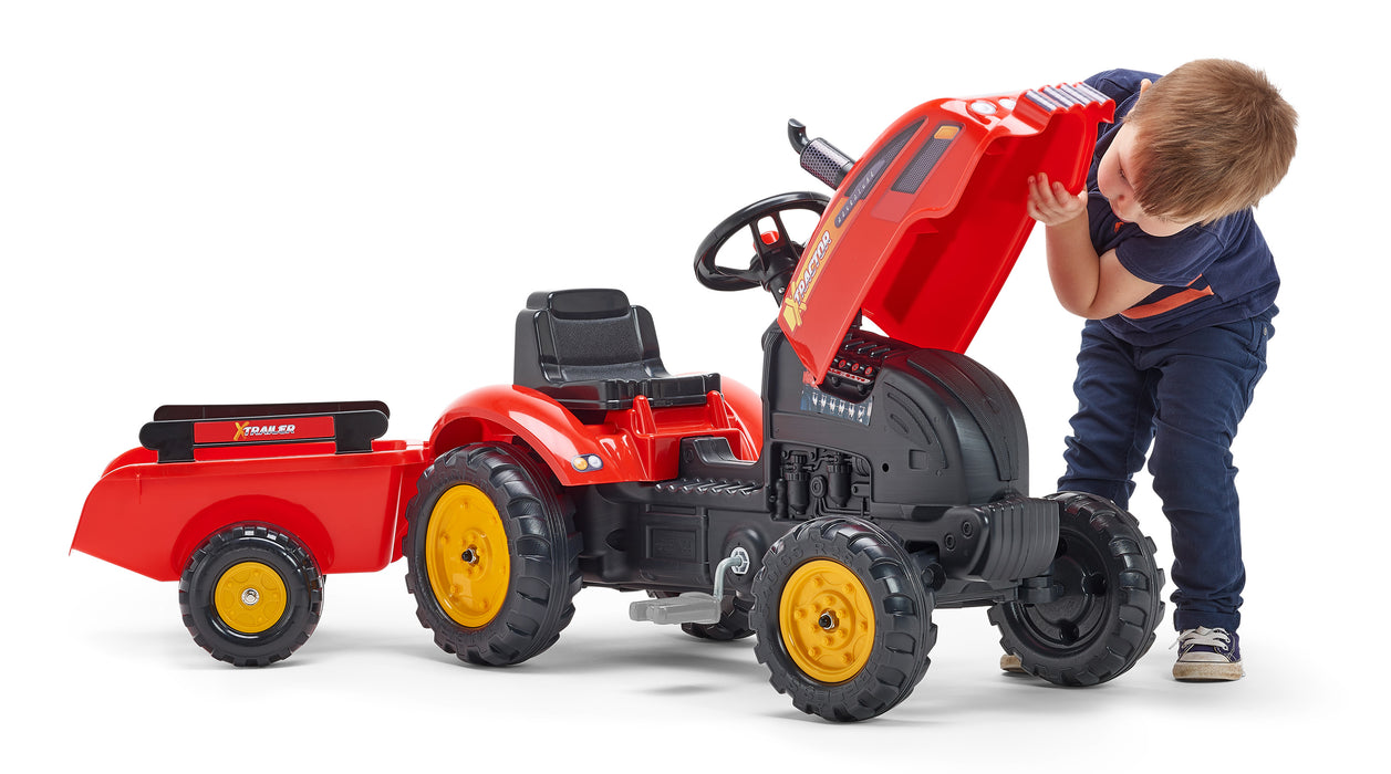X-Trettraktor mit aufklappbarer Motorhaube und Anhänger - rot