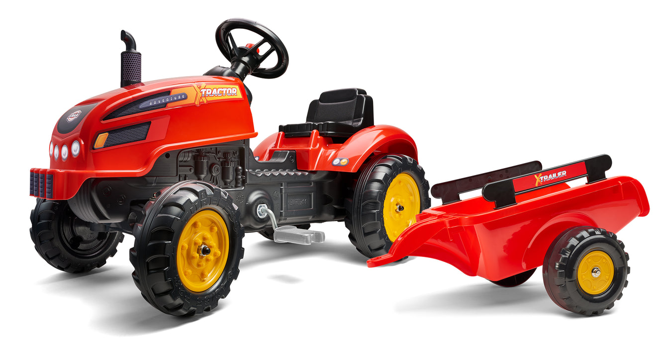 X-Trettraktor mit aufklappbarer Motorhaube und Anhänger - rot