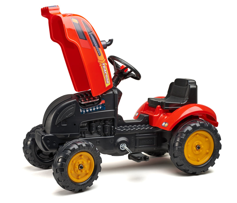 X-Trettraktor mit aufklappbarer Motorhaube und Anhänger - rot