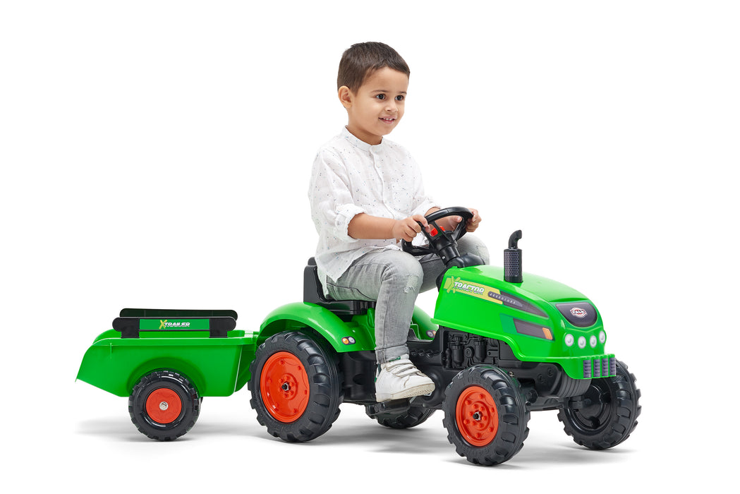X-Trettraktor mit aufklappbarer Motorhaube und Anhänger - grün