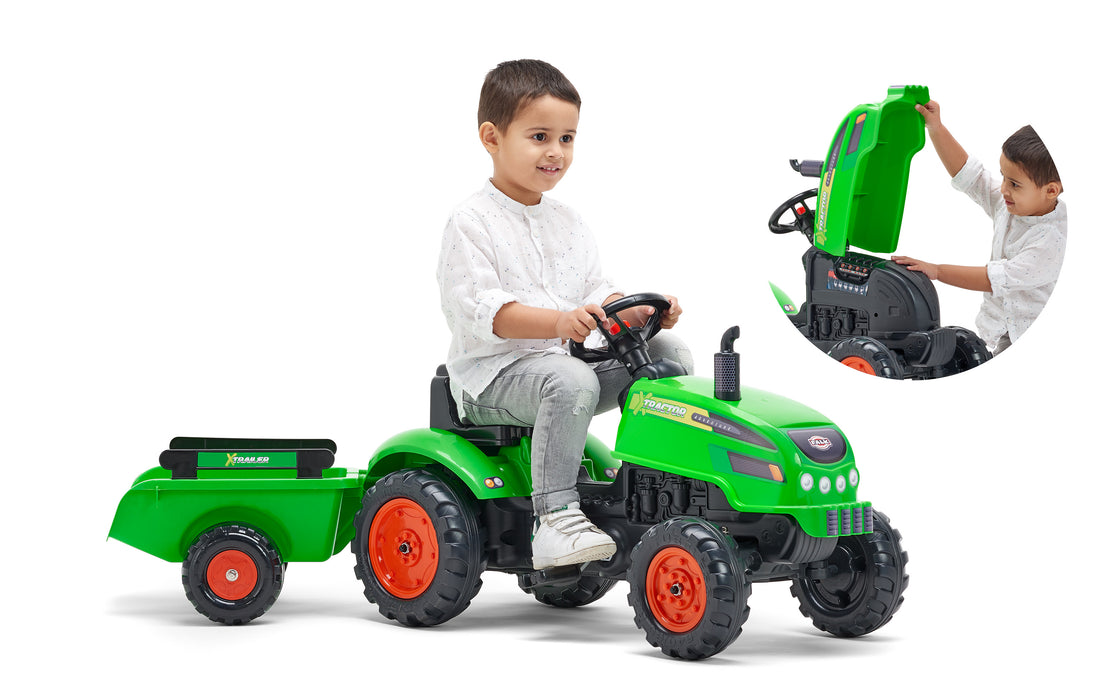 X-Trettraktor mit aufklappbarer Motorhaube und Anhänger - grün