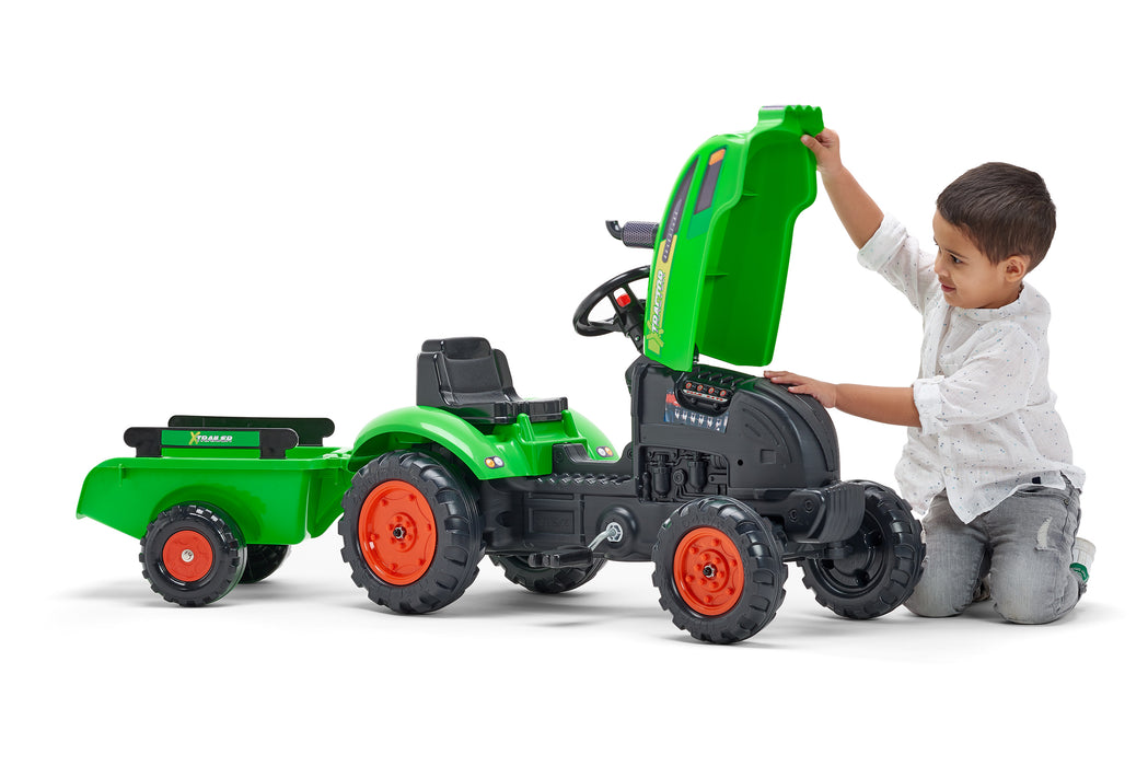 X-Trettraktor mit aufklappbarer Motorhaube und Anhänger - grün