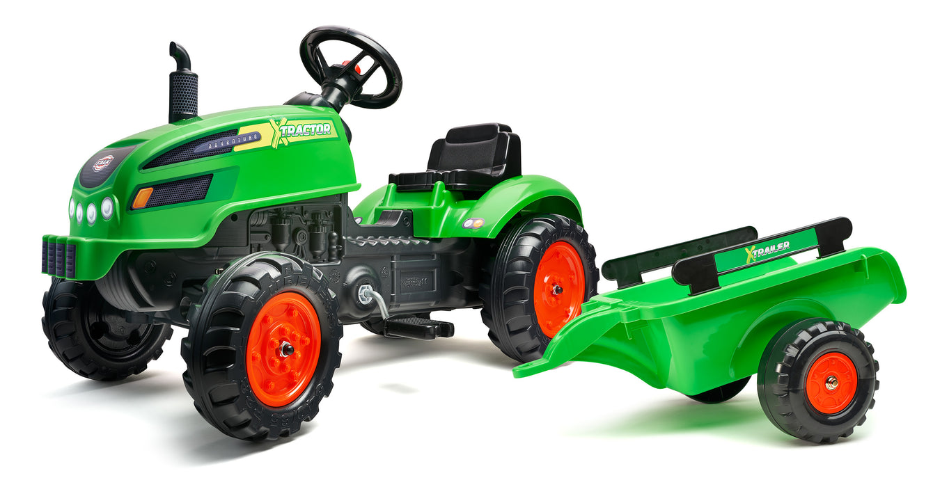 X-Trettraktor mit aufklappbarer Motorhaube und Anhänger - grün