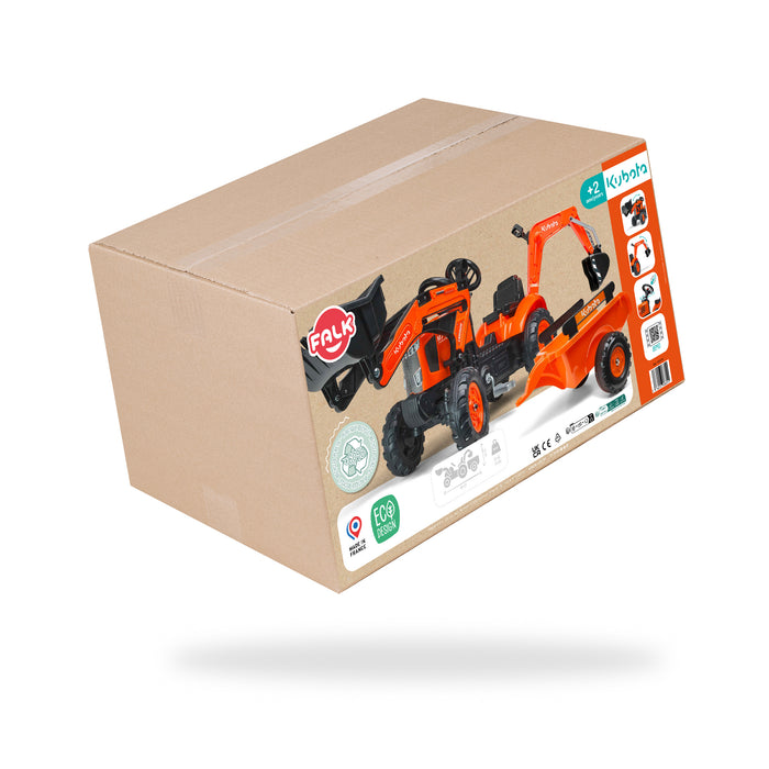 Falk Trettraktor Kubota mit Anhänger, Frontlader und Baggerarm