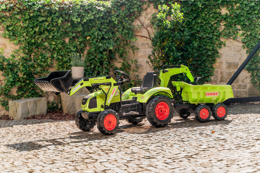 Trettraktor Claas mit Frontlader, Heckbagger und Anhänger