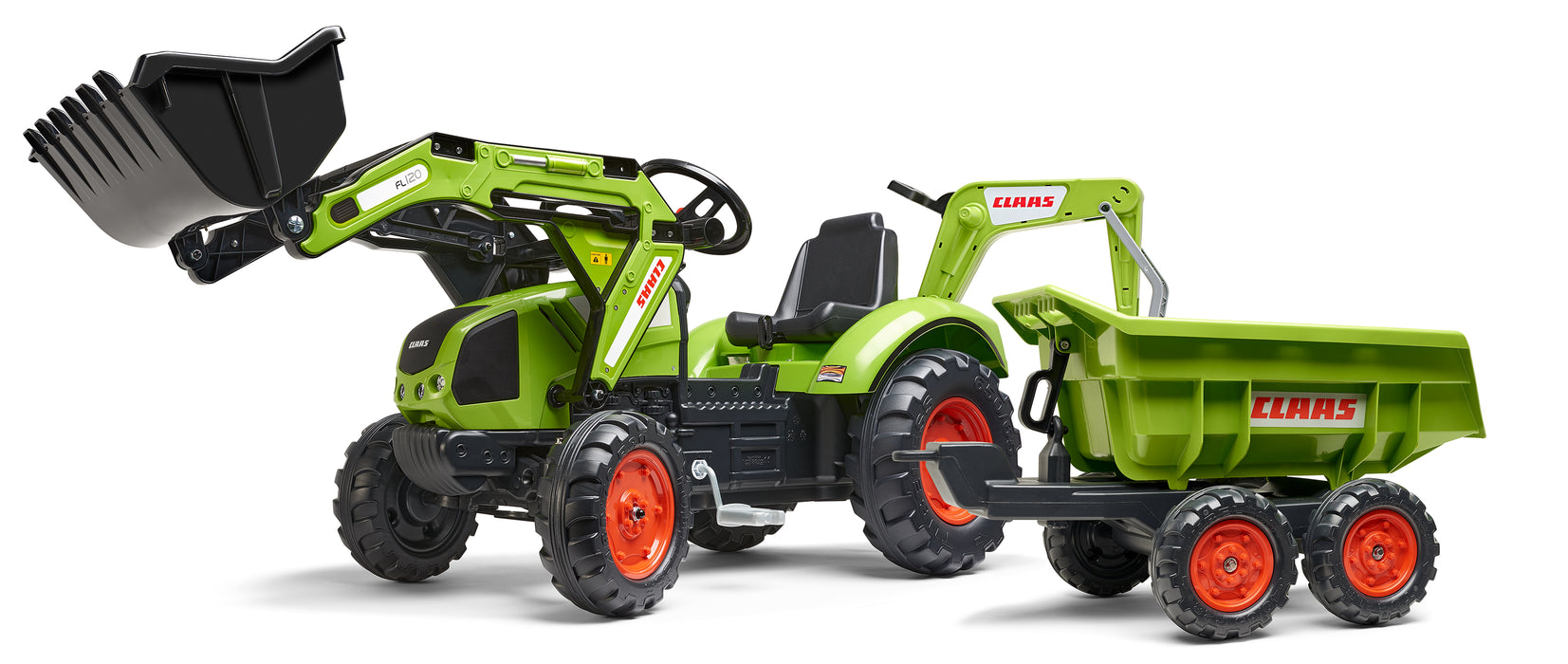 Trettraktor Claas mit Frontlader, Heckbagger und Anhänger