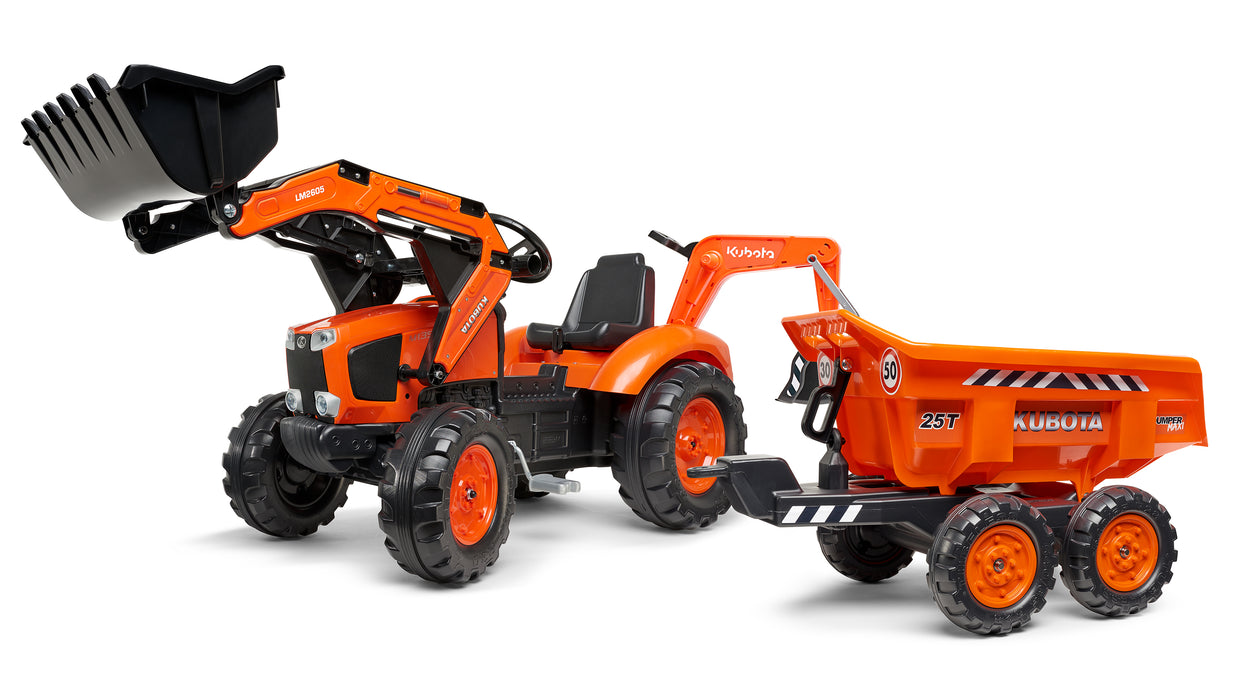 Trettraktor Kubota mit Frontlader, Heckbagger und Anhänger