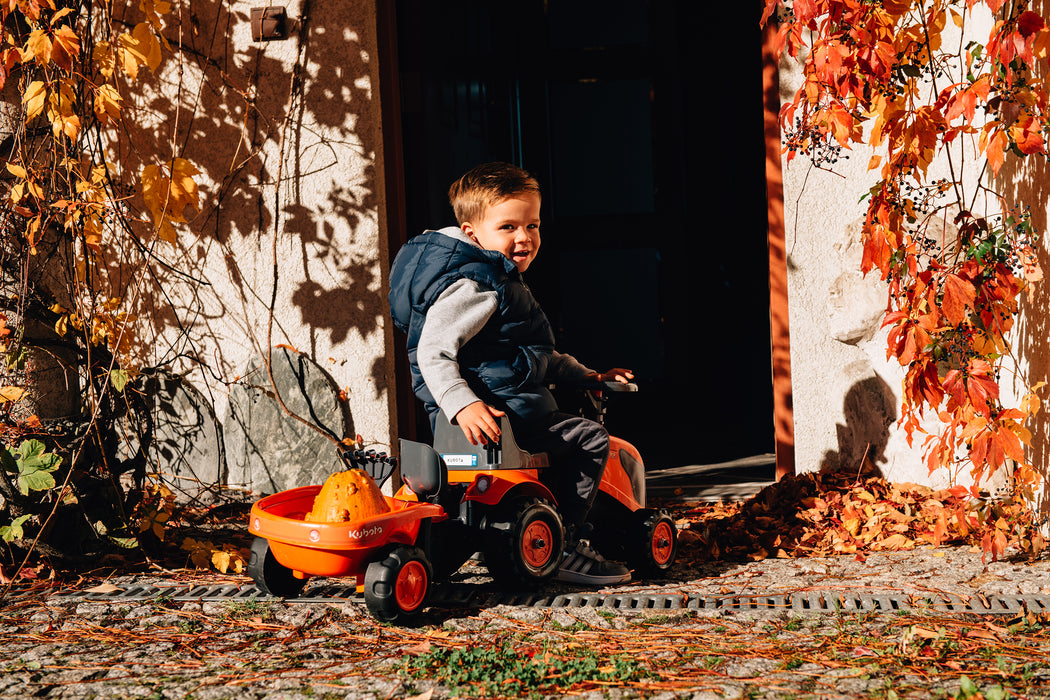 Lauftraktor Kubota mit Anhänger,, Schaufel und Rechen