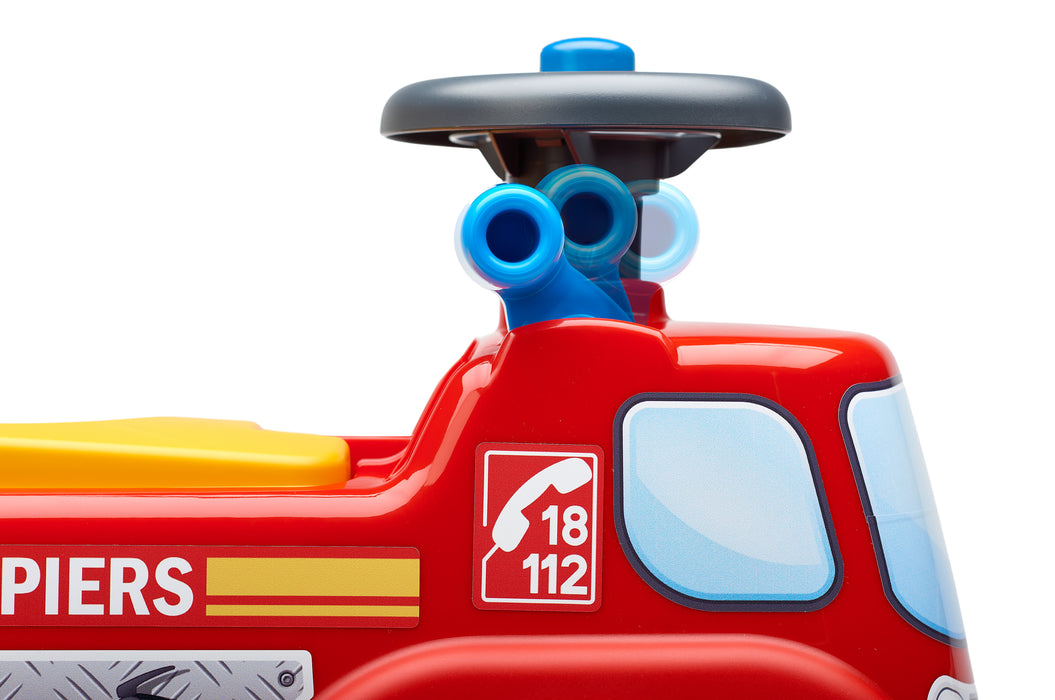 Feuerwehrrutscher mit Lenkrad und Hupe, sowie Staufach unter Sitz