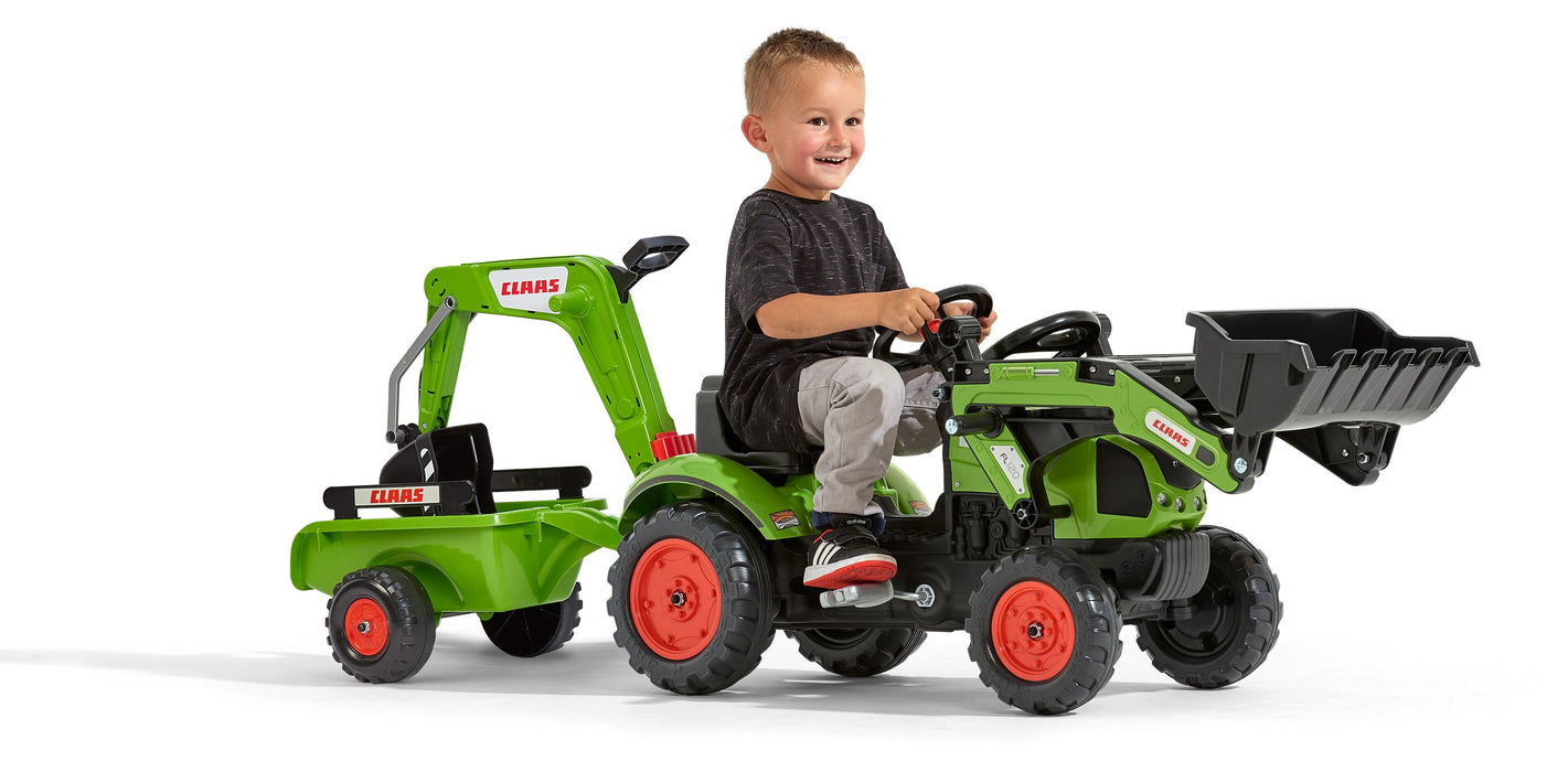 Falk Trettraktor Claas Arion 410 mit Anhänger, Frontlader und Baggerarm
