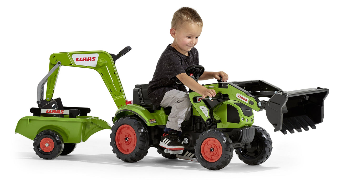 Falk Trettraktor Claas Arion 410 mit Anhänger, Frontlader und Baggerarm