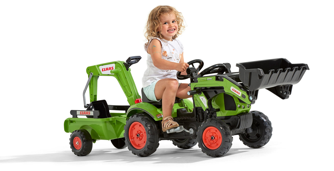 Falk Trettraktor Claas Arion 410 mit Anhänger, Frontlader und Baggerarm