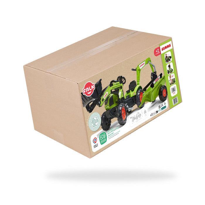 Falk Trettraktor Claas Arion 410 mit Anhänger, Frontlader und Baggerarm