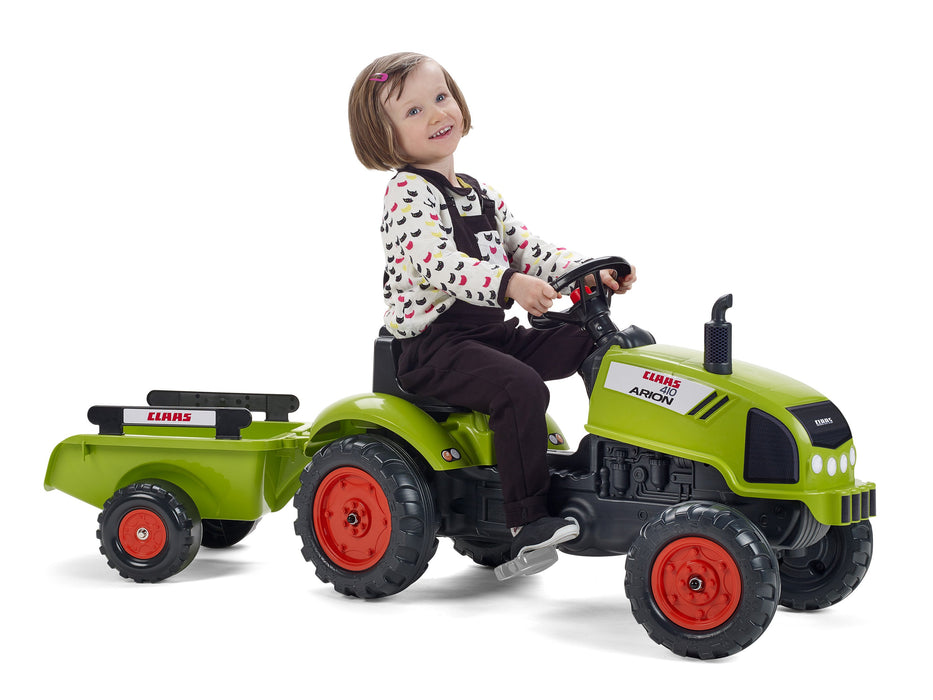 Falk Trettraktor Claas Arion 410 mit Anhänger und aufklappbarer Motorhaube