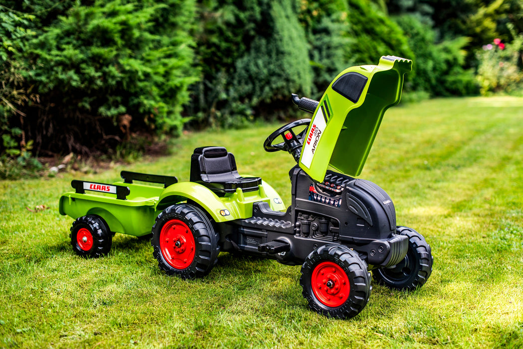 Falk Trettraktor Claas Arion 410 mit Anhänger und aufklappbarer Motorhaube