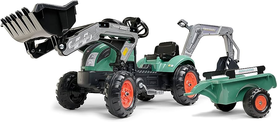 Vintage Trettraktor mit Frontlader, Heckbagger und Anhänger