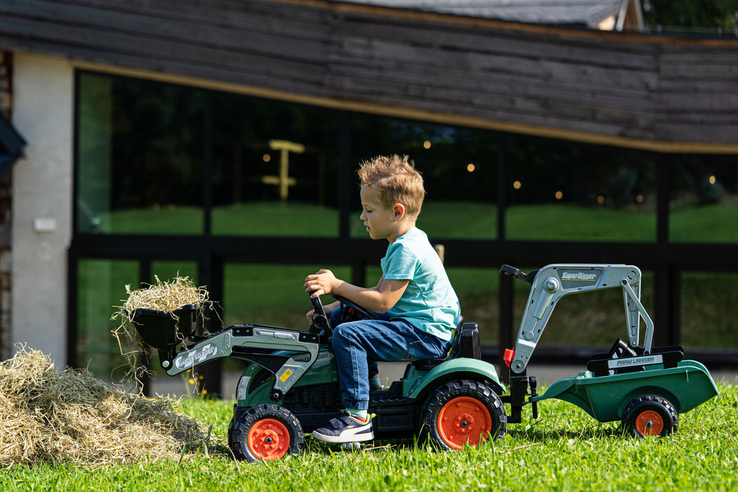 Vintage Trettraktor mit Frontlader, Heckbagger und Anhänger