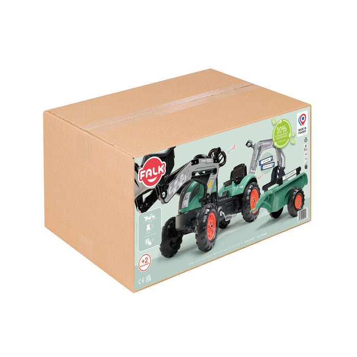 Vintage Trettraktor mit Frontlader, Heckbagger und Anhänger