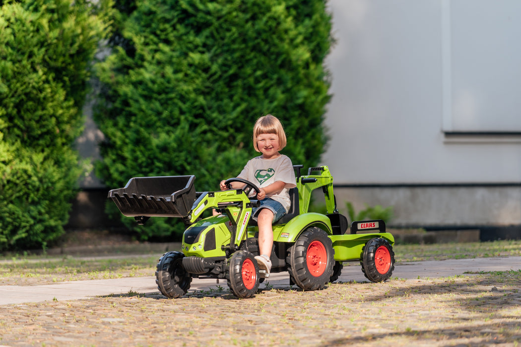 Trettraktor Claas Arion 430 mit Frontlader, Anhänger und Heckbagger