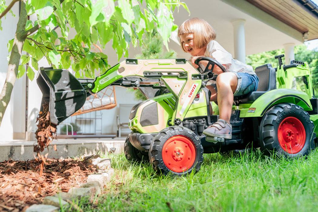 Trettraktor Claas Arion 430 mit Frontlader, Anhänger und Heckbagger