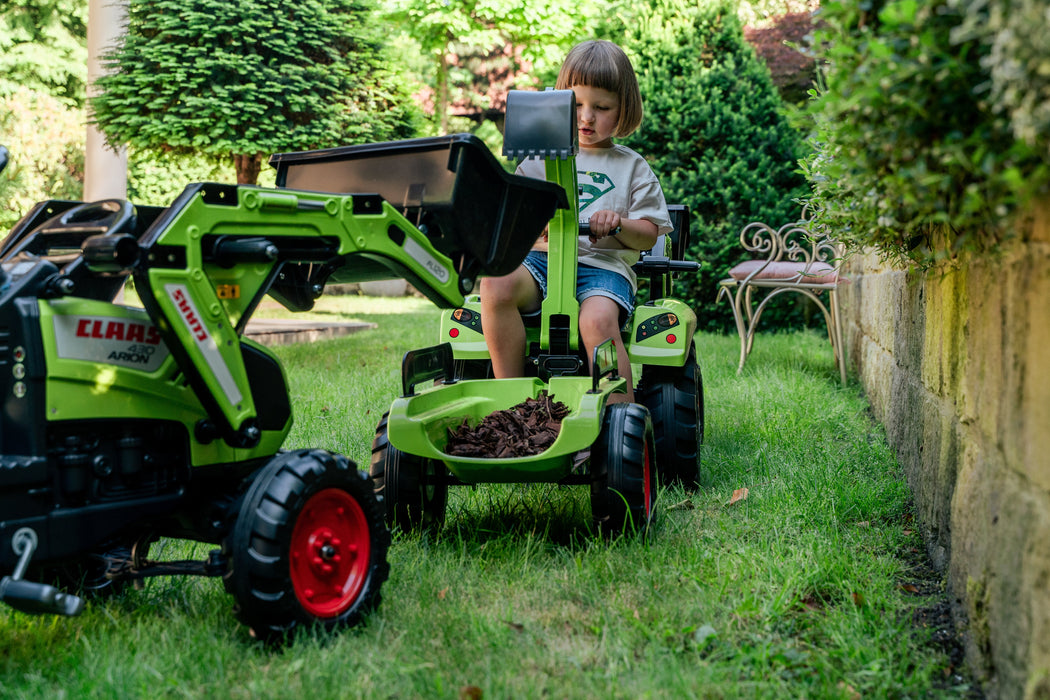 Trettraktor Claas Arion 430 mit Frontlader, Anhänger und Heckbagger