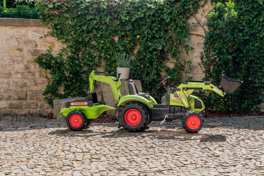 Trettraktor Claas Arion 430 mit Frontlader, Anhänger und Heckbagger