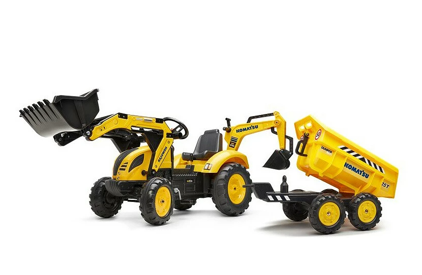Trettraktor Komatsu mit Frontlader, Heckbagger und Maxi-Anhänger