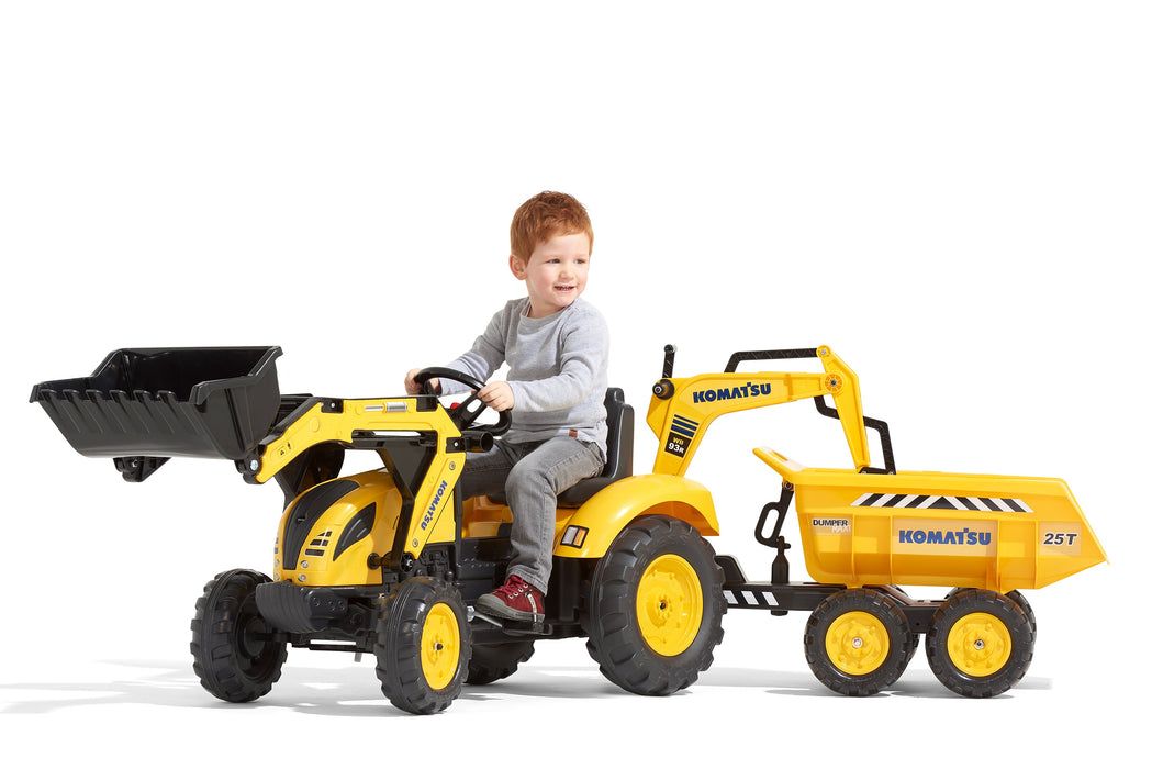 Trettraktor Komatsu mit Frontlader, Heckbagger und Maxi-Anhänger