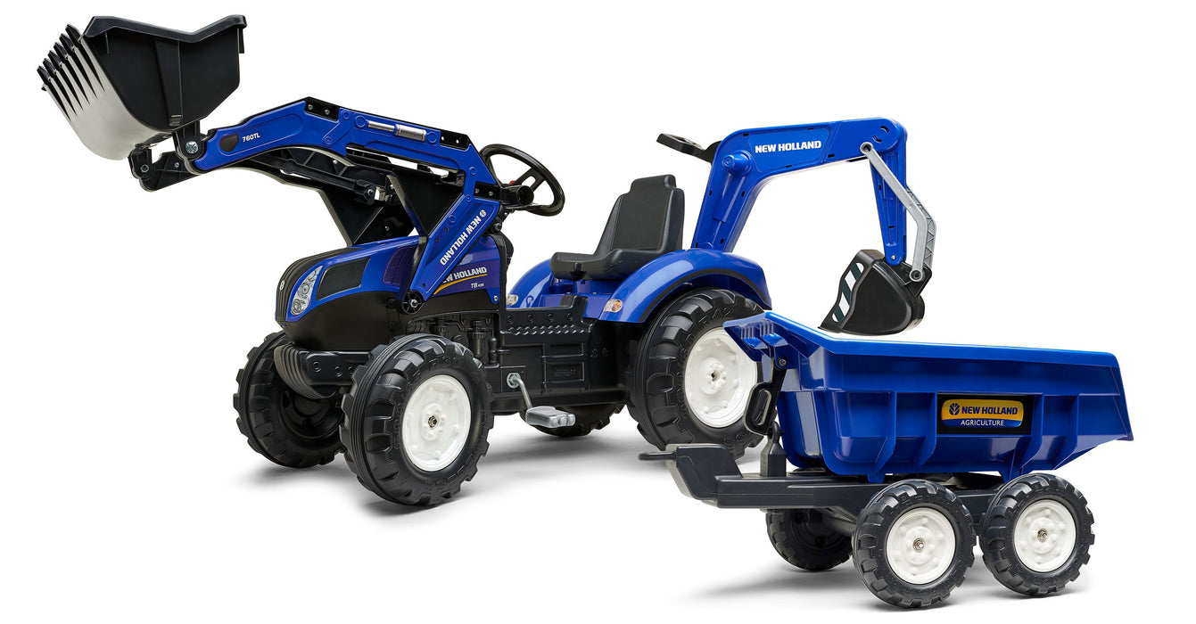 Trettraktor New Holland T8 mit Frontlader, Heckbagger und Maxi- Anhänger