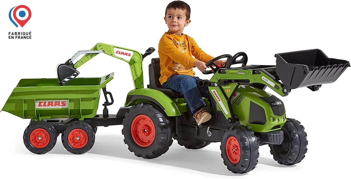 Trettraktor Claas Axos 330 mit Frontlader Baggerarm und Maxi-Kippanhänger