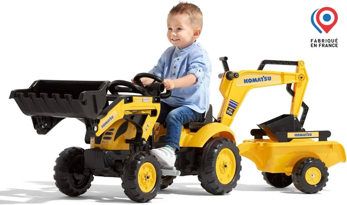 Trettraktor Komatsu mit Frontlader, Heckbagger und Anhänger