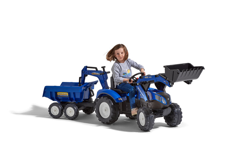 Trettraktor New Holland T8 mit Frontlader, Heckbagger und Maxi- Anhänger