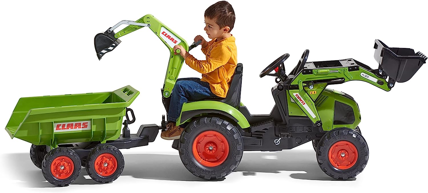 Trettraktor Claas Axos 330 mit Frontlader Baggerarm und Maxi-Kippanhänger