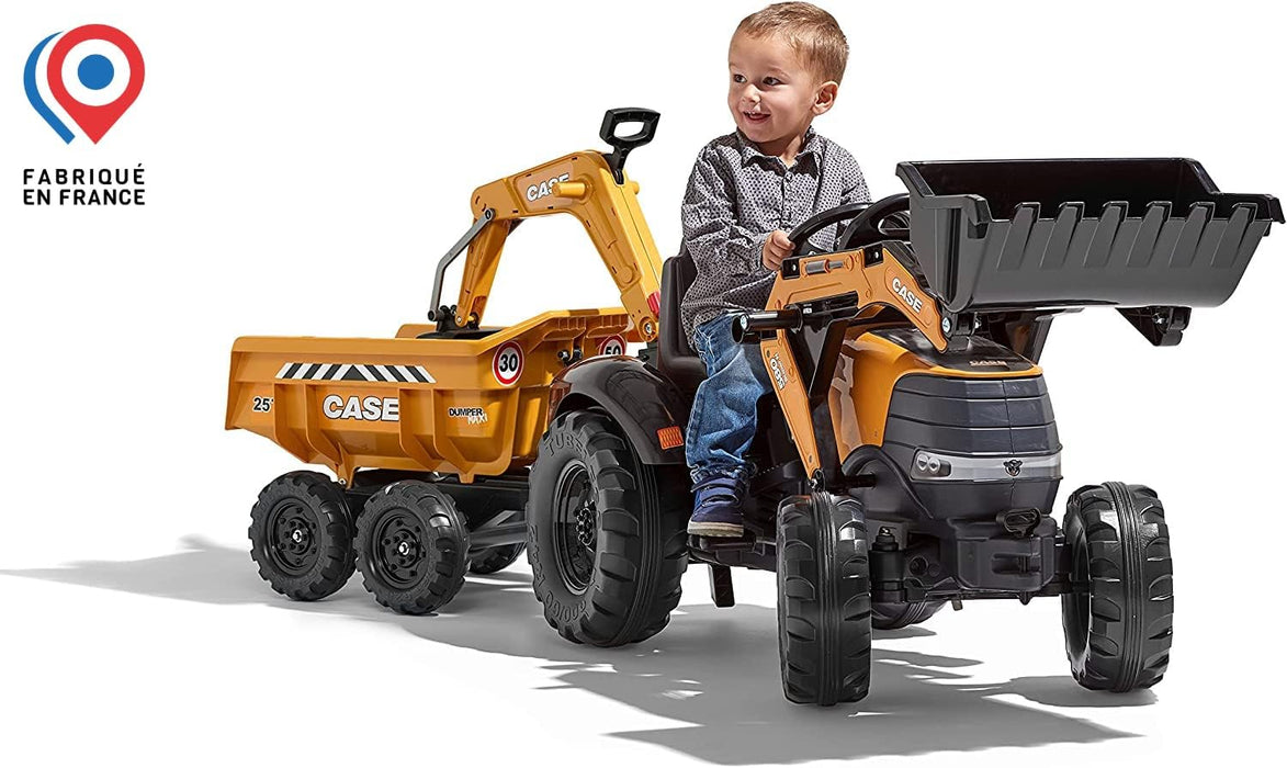 Trettraktor Case CE mit Frontlader, Heckbagger und Kippanhänger