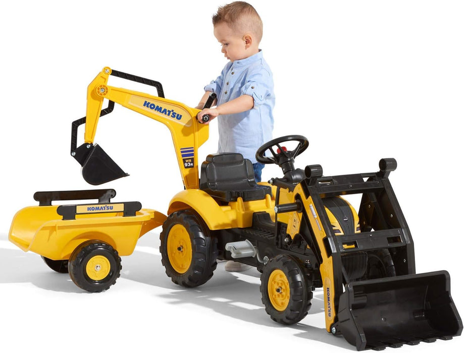 Trettraktor Komatsu mit Frontlader, Heckbagger und Anhänger