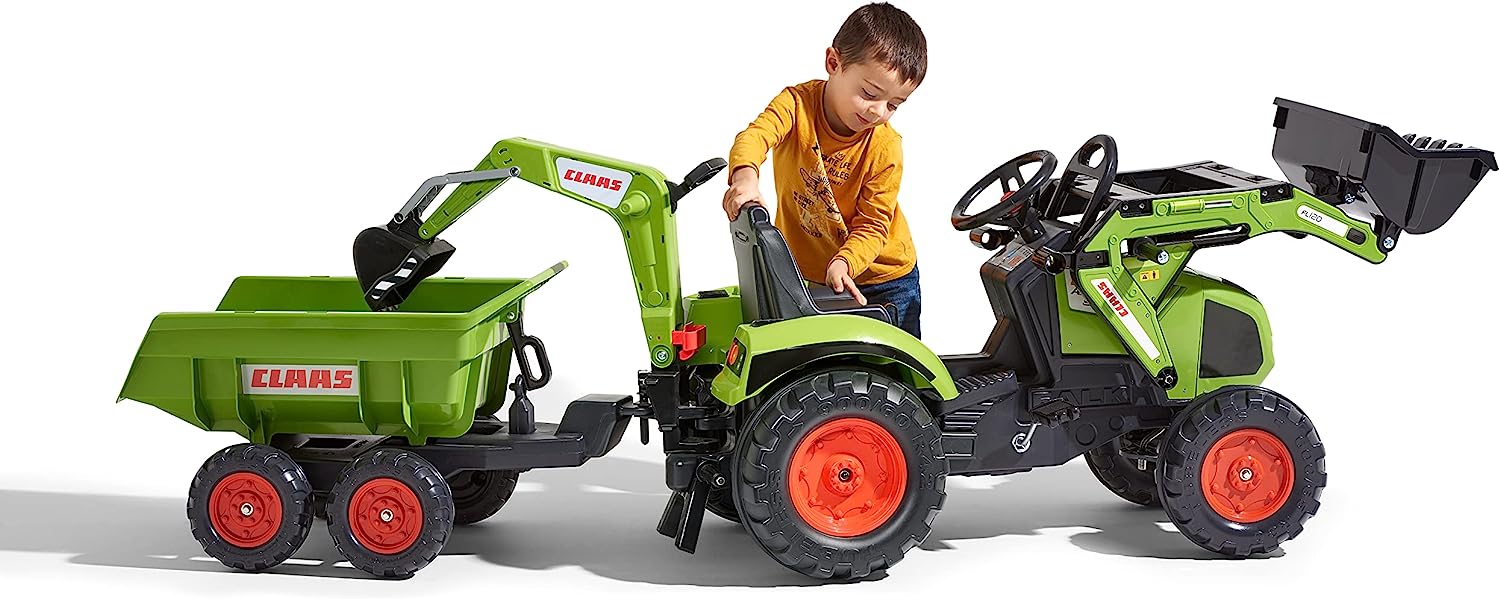 Trettraktor Claas Axos 330 mit Frontlader Baggerarm und Maxi-Kippanhänger