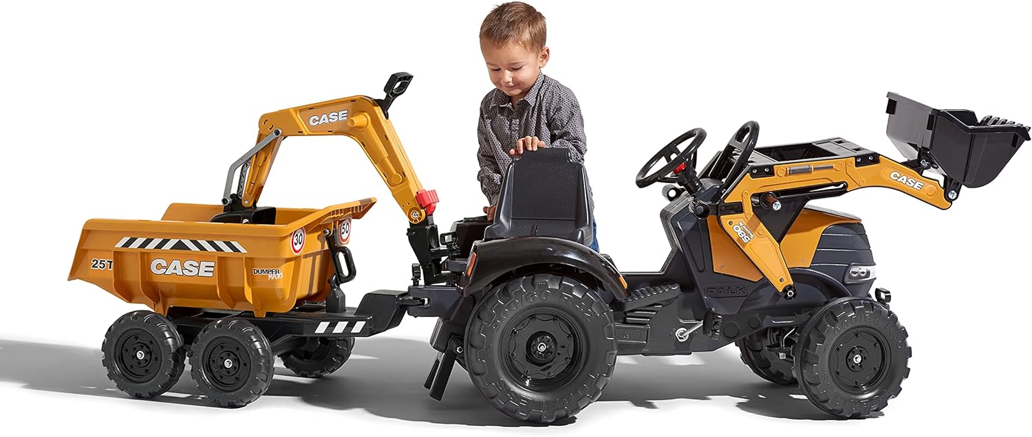 Trettraktor Case CE mit Frontlader, Heckbagger und Kippanhänger