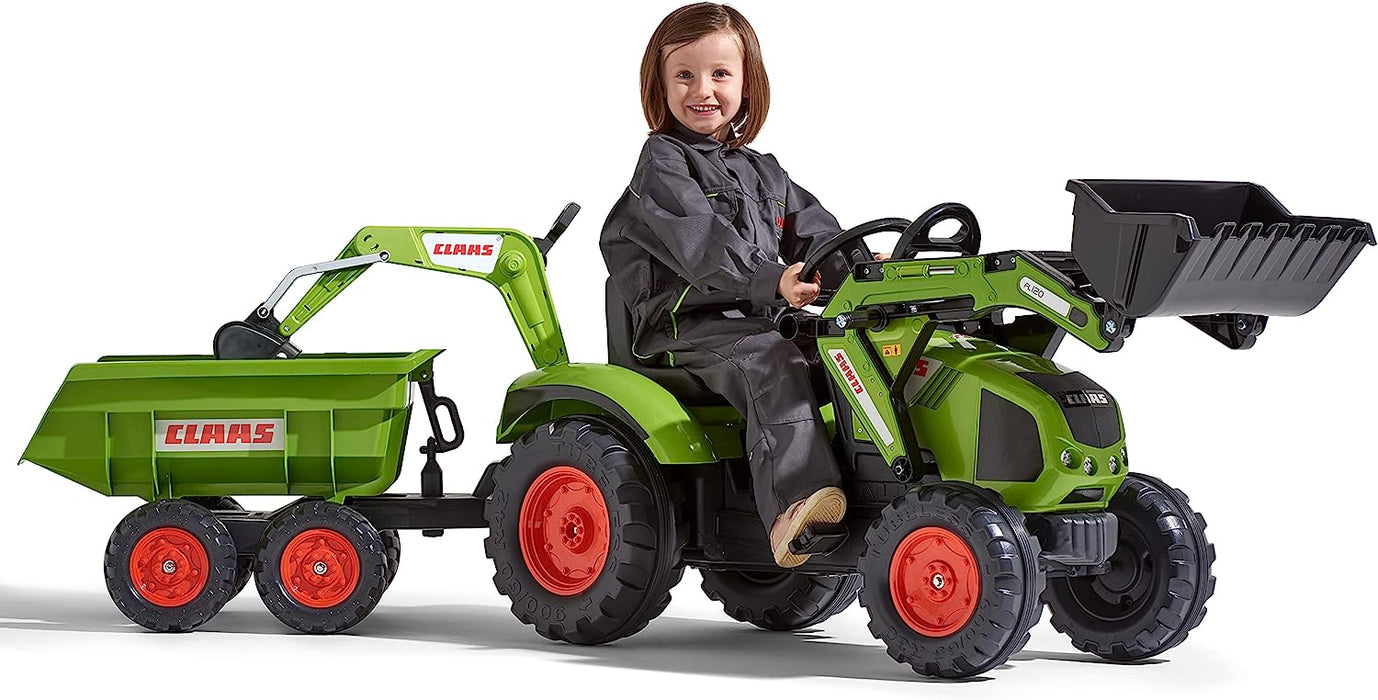 Trettraktor Claas Axos 330 mit Frontlader Baggerarm und Maxi-Kippanhänger