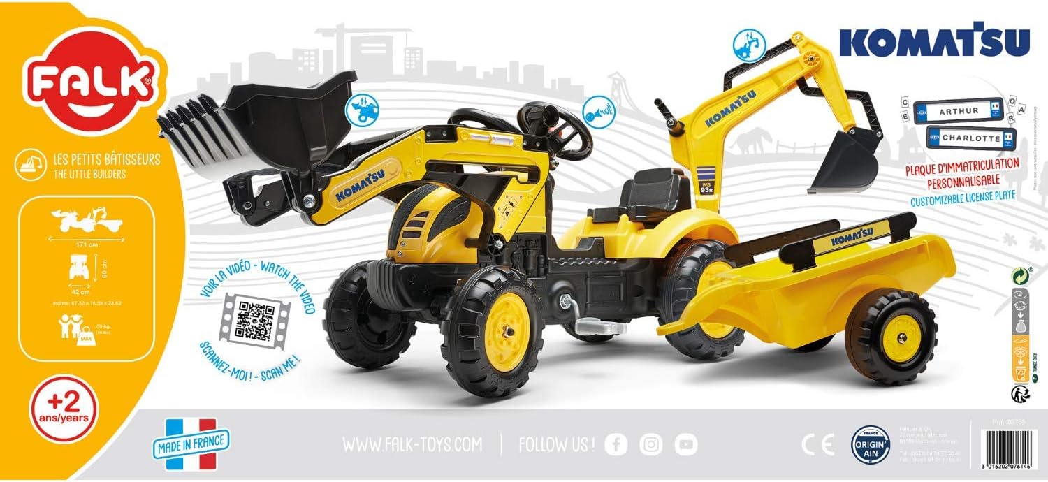 Trettraktor Komatsu mit Frontlader, Heckbagger und Anhänger