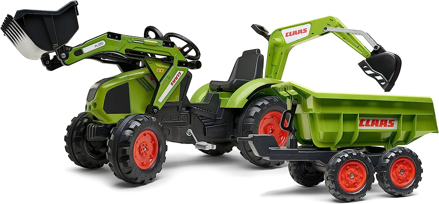 Trettraktor Claas Axos 330 mit Frontlader Baggerarm und Maxi-Kippanhänger