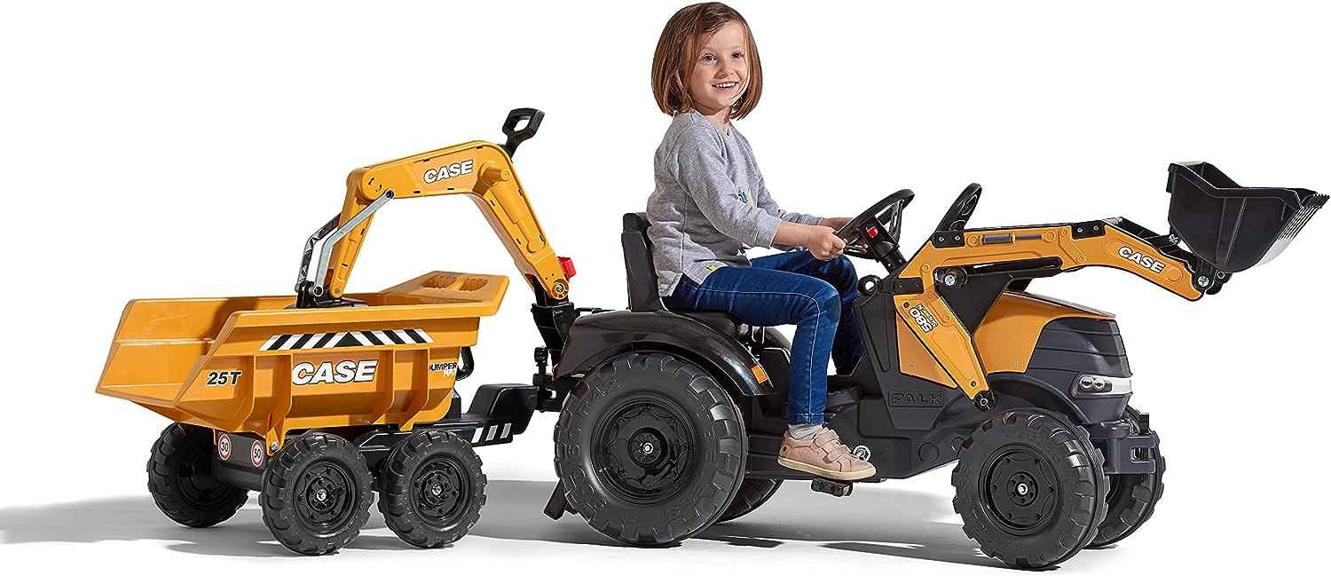 Trettraktor Case CE mit Frontlader, Heckbagger und Kippanhänger