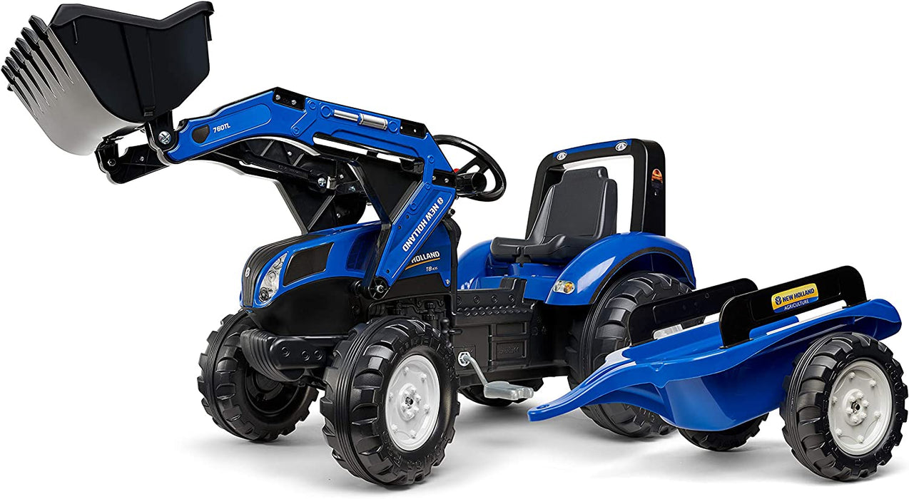 Trettraktor New Holland T8 mit Anhänger und Frontlader