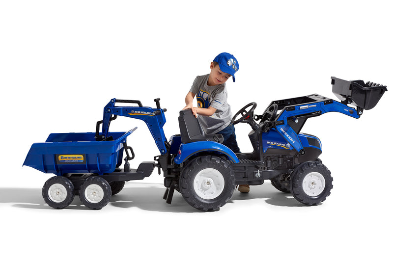 Trettraktor New Holland T8 mit Frontlader, Heckbagger und Maxi- Anhänger