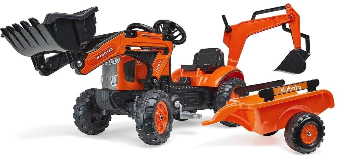 Falk Trettraktor Kubota mit Anhänger, Frontlader und Baggerarm