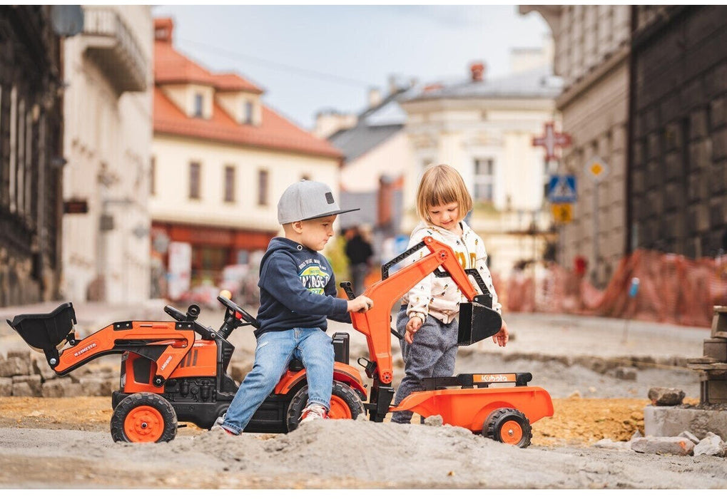 Falk Trettraktor Kubota mit Anhänger, Frontlader und Baggerarm