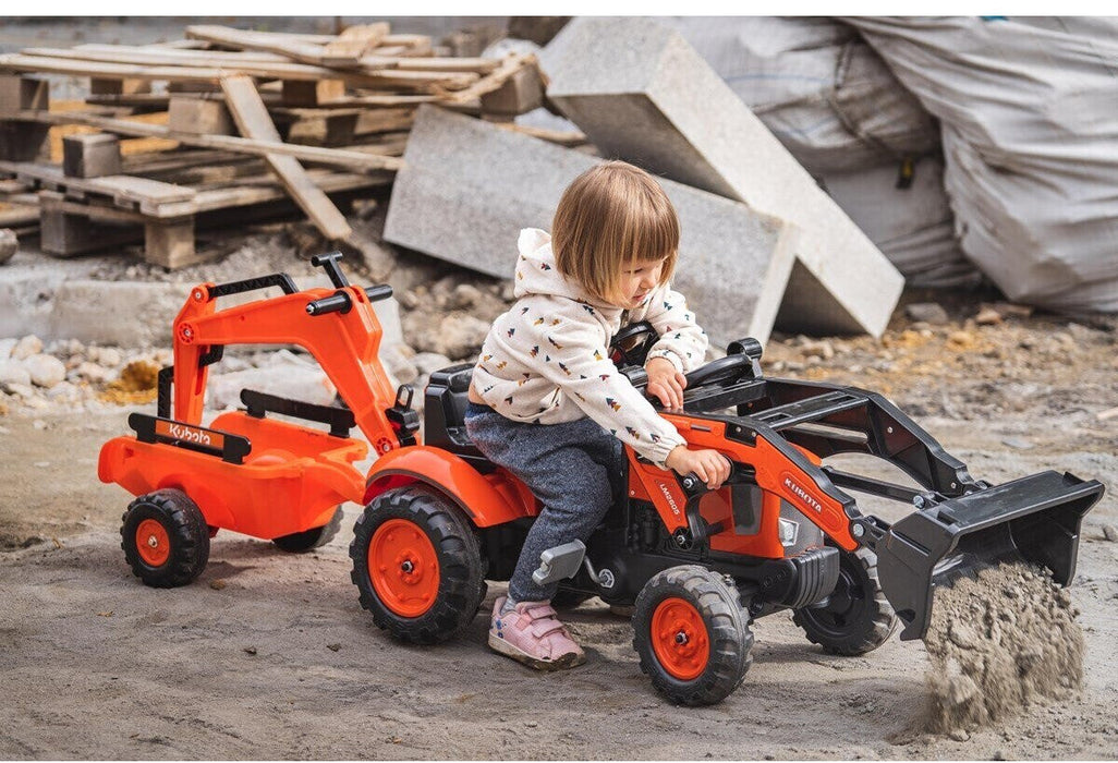 Falk Trettraktor Kubota mit Anhänger, Frontlader und Baggerarm